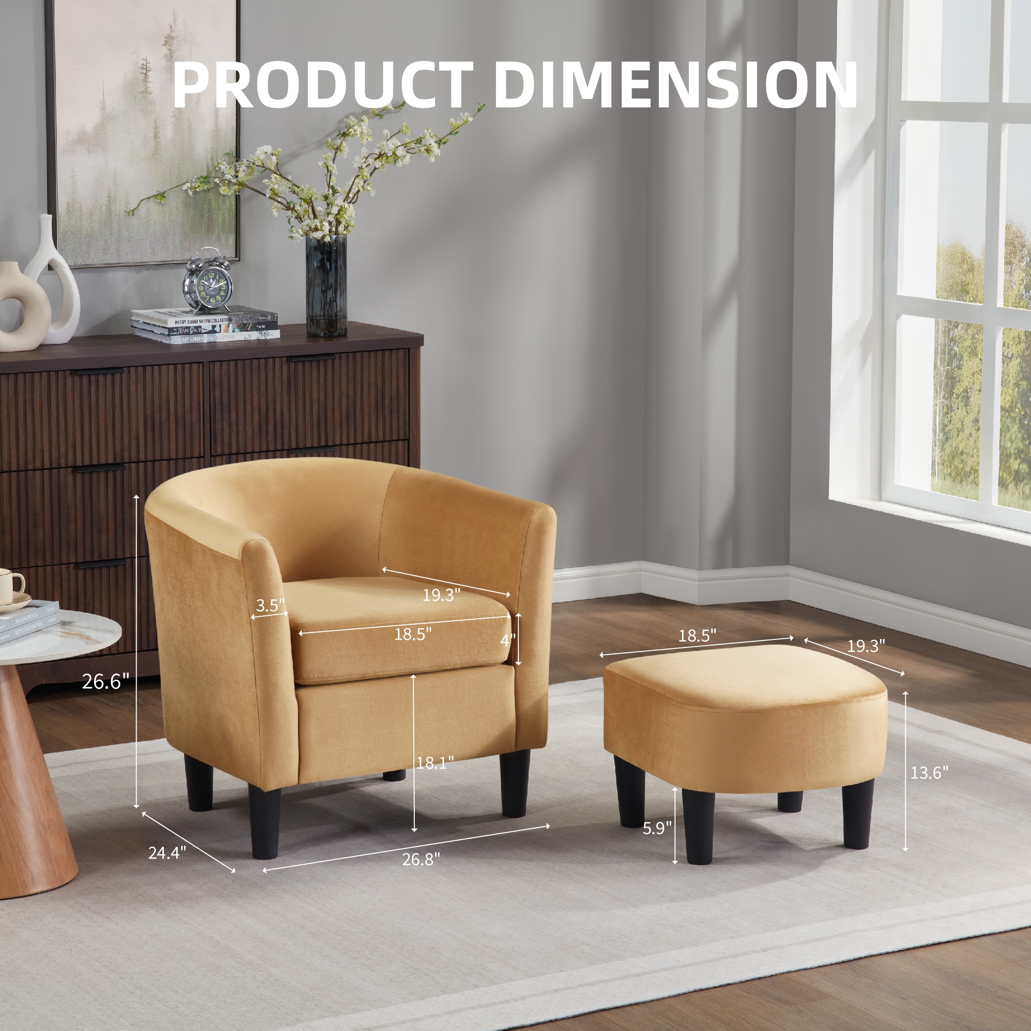 Velvet Accent Chair with Ottoman, Modern Barrel Chair Armchair for Living Room, Bedroom, Yellow Velvet Accent Chair with Ottoman, Modern Barrel Chair Armchair for Living Room, Bedroom, Yellow